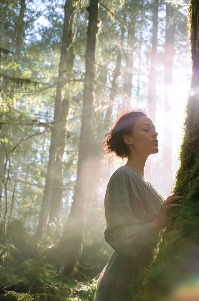 森の中で女性が佇む縦長ビジュアル