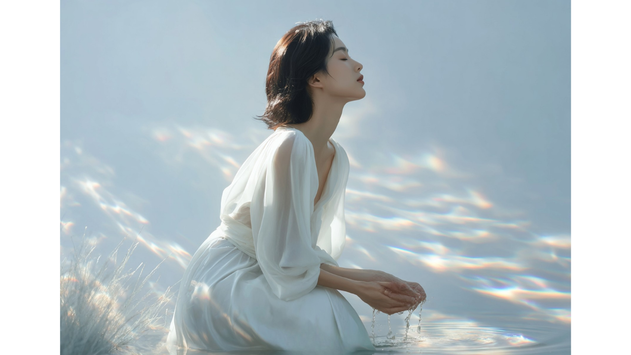 光の中に座る女性のビジュアル