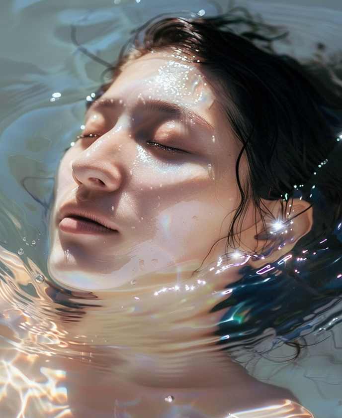 水の中で目を閉じる女性のビジュアル