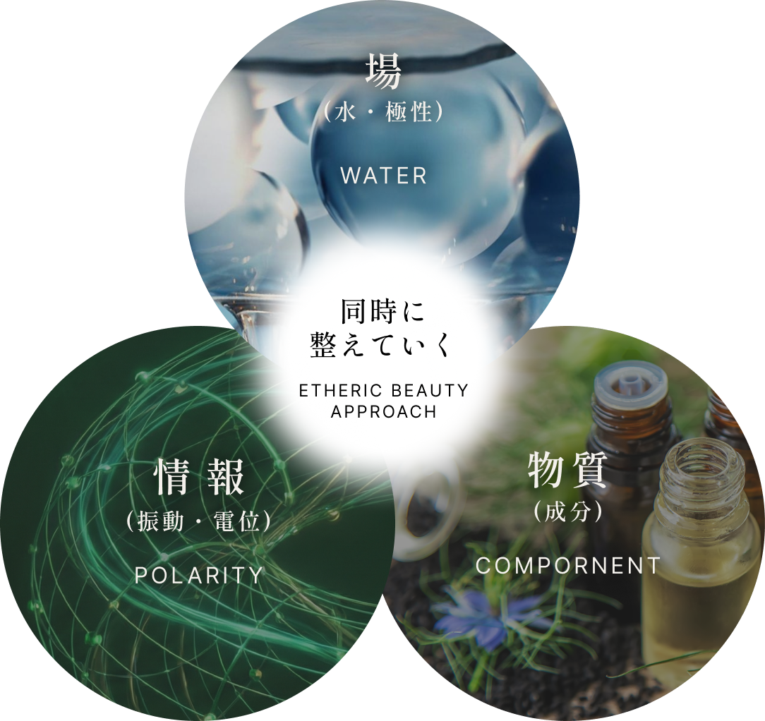 物質（成分）× 場（水・極性）× 情報（振動・電位）を同時に整えていく エーテルビューティーアプローチ